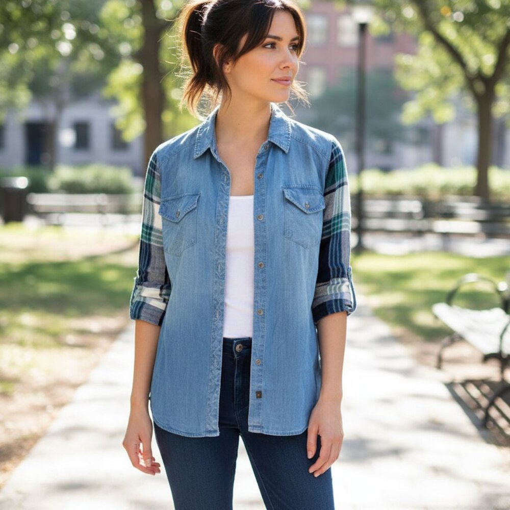 Rails Mixed Media Denim Plaid Tencel Button Down Shirt Blue Green XS